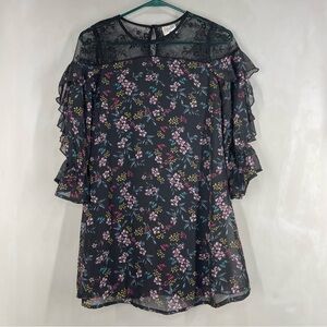 Bautees Floral Pattern Ruffle Sleeve Dress with Sheer Lace Yoke Size(12)